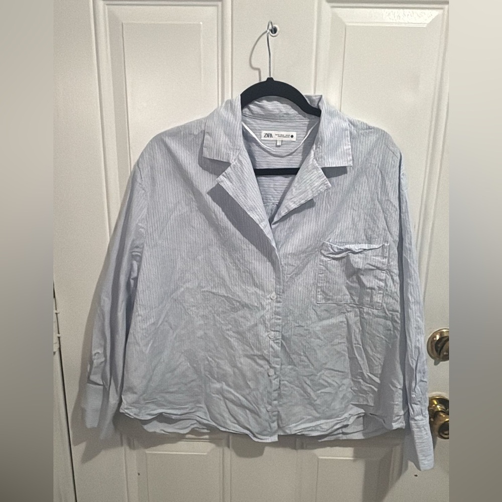 Zara White and Blue Pinstripe Blouse